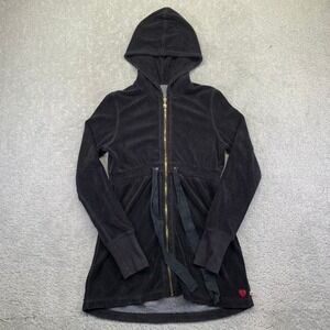 Twisted Heart Womens Hoodie Size Small? Black Velour Tie Waist Long Zip Up‎ Y2k
